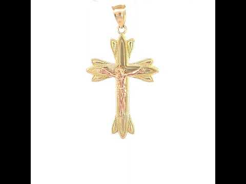 10K Two-Tone Gold Mens Textured Crucifix Cross Religious Charm Pendant