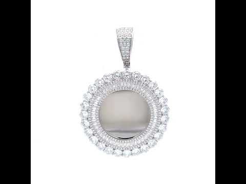 925 Sterling Silver Unisex Round Baguette Cubic-Zirconia Memory Circle Photo Frame Charm Pendant