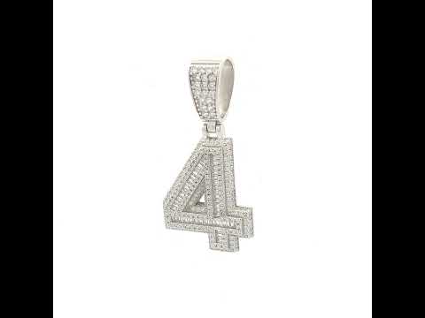 925 Sterling Silver Unisex Round Baguette Cubic-Zirconia Initial Number 4 Charm Pendant