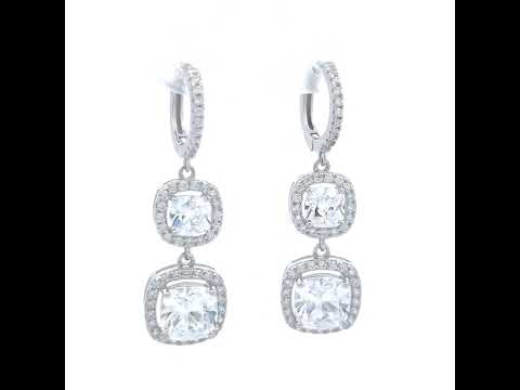 925 Sterling Silver Womens Cushion-Cut Round Cubic-Zirconia Halo Square Fashion Dangle Hoop Earrings