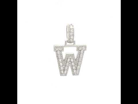 925 Sterling Silver Unisex Round Baguette Cubic Zirconia Initial Letter W Charm Pendant