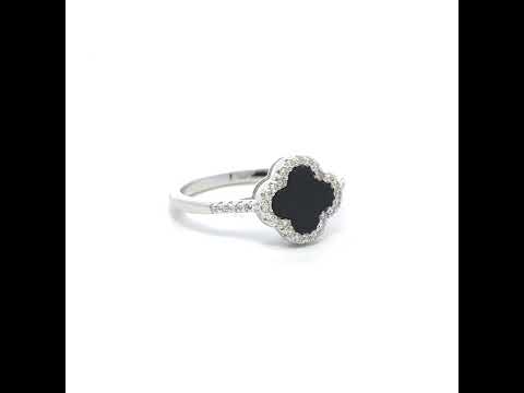 925 Sterling Silver Womens Cubic-Zirconia Black Enameled Clover Good Luck Ring Size 7