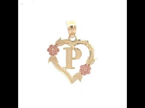 10K Two-Tone Gold Womens Heart Flower Initial Letter P Charm Pendant