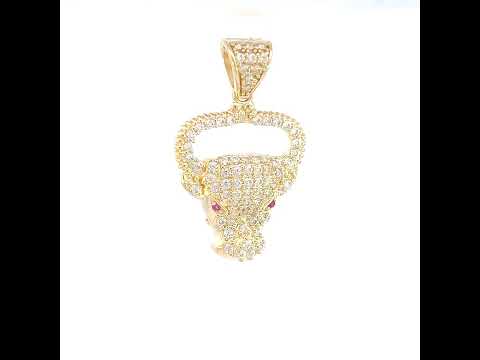 14K Yellow Gold Mens Pink White Cubic-Zirconia Bull Head Animal Wildlife Charm Pendant