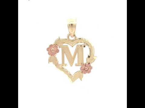 10K Two-Tone Gold Womens Heart Flower Initial Letter M Charm Pendant