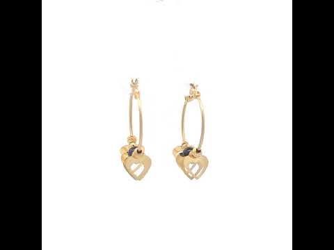 10K Yellow Gold Womens Heart Black Beaded Hoop Earrings