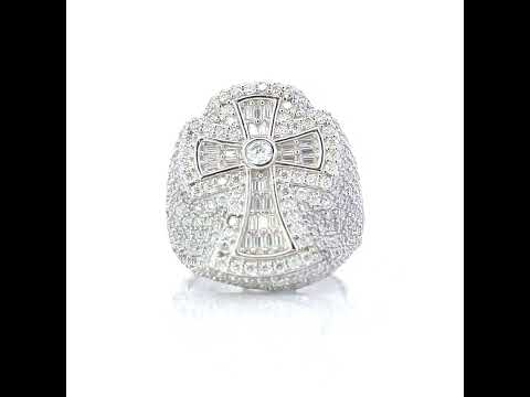 925 Sterling Silver Mens 0.72ct Baguette 4.19ct Round Moissanite Cross Religious Ring Size 10