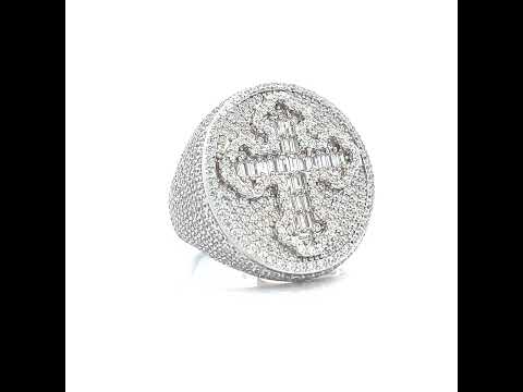 925 Sterling Silver Mens 4.88ct Round, 0.83ct Baguette Moissanite Cross Religious Ring