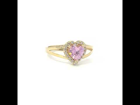 10K Yellow Gold Womens Round Heart White Pink Cubic-Zirconia Heart Birthstone Ring