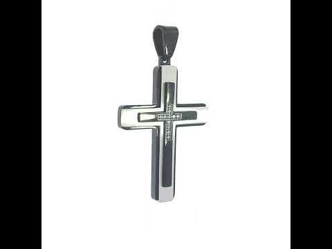 Stainless Steel Black-tone Mens Cubic-Zirconia Cross Religious Charm Pendant