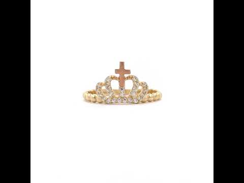 10K Tri-Color Gold Womens Cubic-Zirconia Cross Crown Fashion Ring
