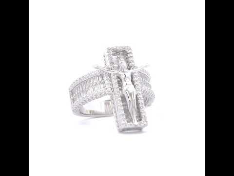 925 Sterling Silver Mens Baguette Round Cubic-Zirconia Crucifix Religious Ring S10