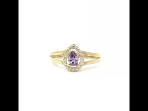 10K Yellow Gold Womens Round Pear White Purple Cubic-Zirconia Teardrop Birthstone Ring