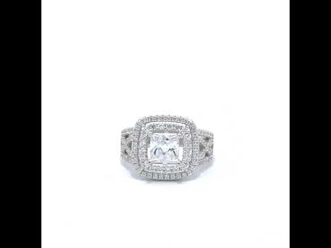 925 Sterling Silver Womens Princess-Cut Round Cubic-Zirconia Square Head Engagement Ring