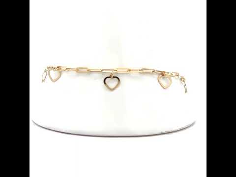 10K Yellow Gold Womens Cubic-Zirconia Circle Heart Charms Chain Bracelet Size 7 + 1 Inches