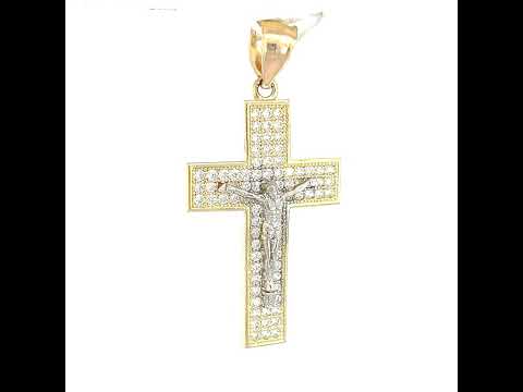 10K Gold Two-Tone Cubic-Zirconia Mens Cross Crucifix Religious Charm Pendant