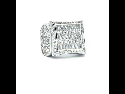 925 Sterling Silver Mens Baguette Round Cubic-Zirconia Square Head Fashion Ring