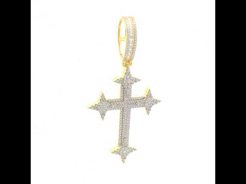 925 Sterling Silver Yellow-Tone Mens Baguette Round Moissanite Cross Religious Pendant