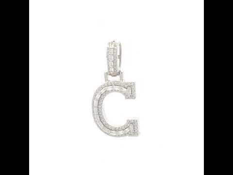 925 Sterling Silver Unisex Round Baguette Cubic Zirconia Initial Letter C Charm Pendant