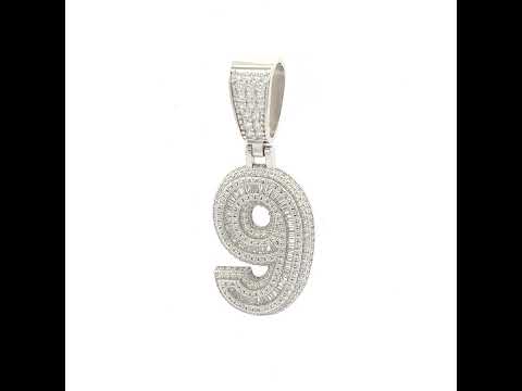 925 Sterling Silver Unisex Round Baguette Cubic-Zirconia Initial Number 9 Charm Pendant