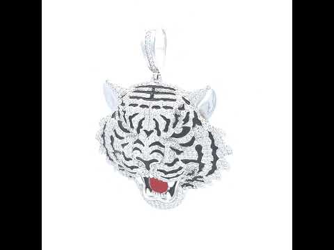 925 Sterling Silver Mens Cubic-Zirconia Black Red Enameled Tiger Head Animal Wildlife Charm Pendant