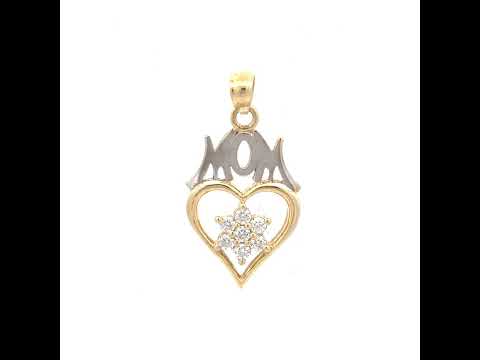 10K Gold Two-Tone Cubic-Zirconia Womens Heart Flower Mom Charm Pendant
