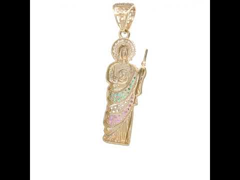 10K Yellow Gold Mens Green/Purple White Cubic-Zirconia St. Jude Religious Charm Pendant