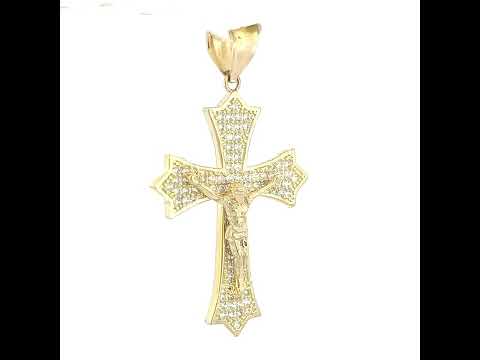 10K Yellow Gold Mens Cubic-Zirconia Religious Fleur De Lis Crucifix Cross Charm Pendant
