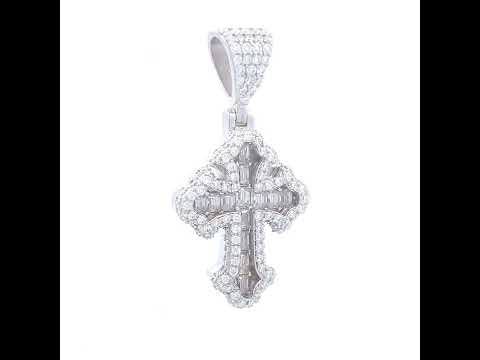 925 Sterling Silver Mens 1.05ct Baguette 1.23ct Round Moissanite Cross Religious Charm Pendant