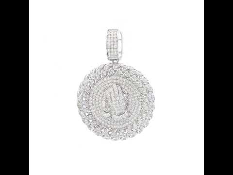 925 Sterling Silver Mens 3.18ct Moissanite Medallion Praying Hands Symbol Religious Charm Pendant