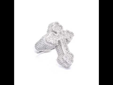 925 Sterling Silver Mens Baguette Round Cubic-Zirconia Cross Religious Ring