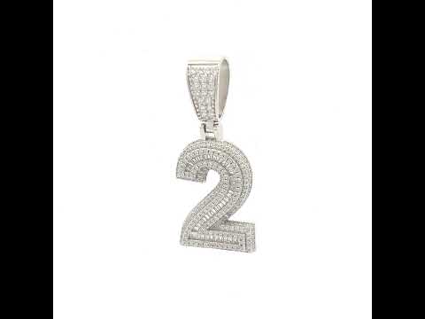 925 Sterling Silver Unisex Round Baguette Cubic-Zirconia Initial Number 2 Charm Pendant