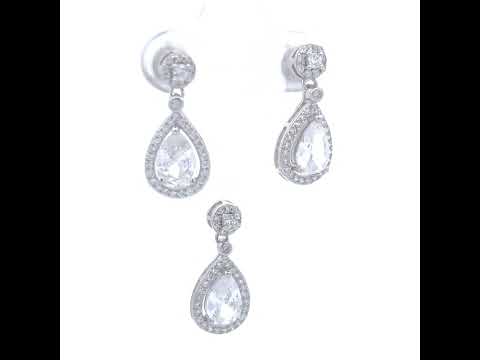 925 Sterling Silver Womens Teardrop Round Cubic-Zirconia Halo Teardrop Fashion Earrings And Pendant Set