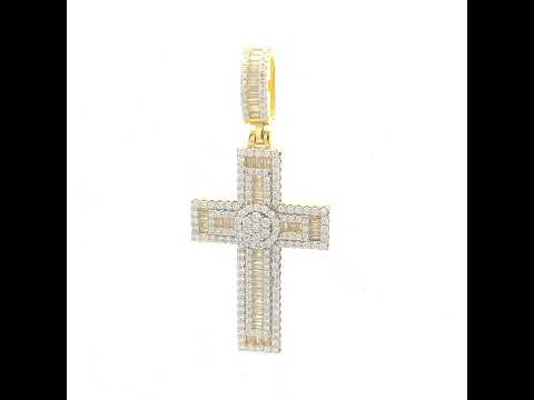 925 Sterling Silver Yellow-Tone Mens Baguette Round Moissanite Cross Religious Pendant