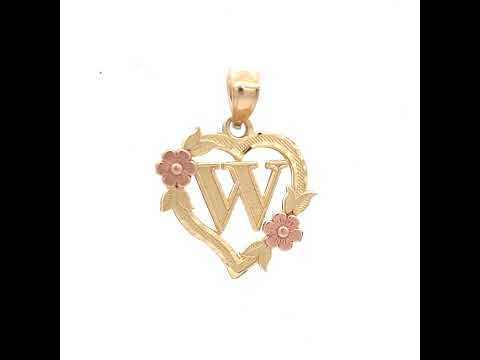 10K Two-Tone Gold Womens Heart Flower Initial Letter W Charm Pendant