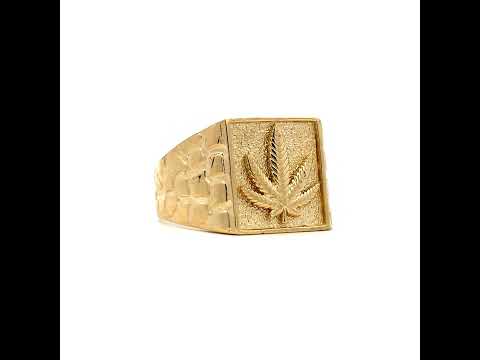 10K Yellow Gold Mens Square Head Marijuana Leaf Fashion Nugget Ring