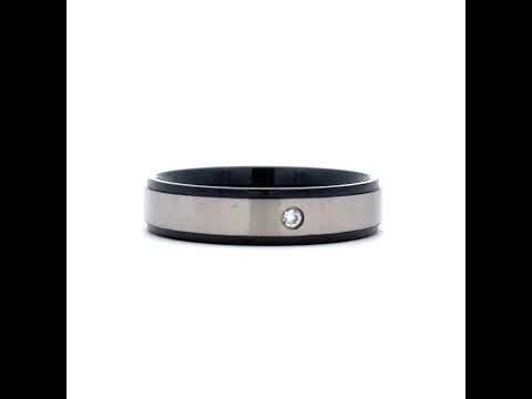 Stainless Steel Mens Cubic Zirconia Two-Tone Black Center Brushed Size-8 Comfort-Fit Band Ring