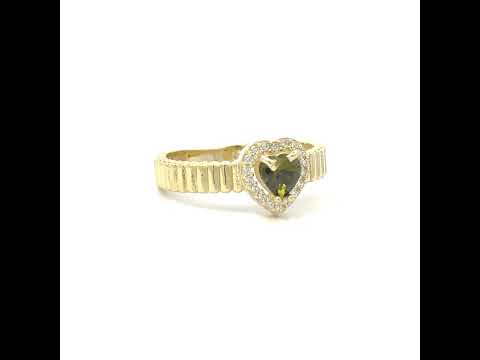 10K Yellow Gold Womens Round Heart White Green Cubic-Zirconia Heart Birthstone Ring