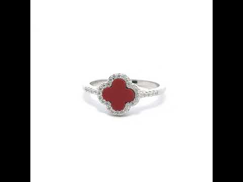 925 Sterling Silver Womens Cubic-Zirconia Red Enameled Clover Good Luck Ring Size 7