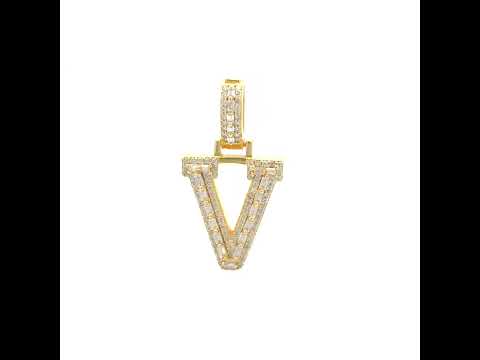925 Sterling Silver Yellow-Tone Unisex Baguette Round 0.38ct, 0.52ct Moissanite Initial Alphabet V Charm Pendant