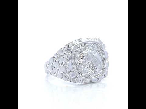 925 Sterling Silver Mens Nugget Horse Head Horseshoe Good Luck Ring
