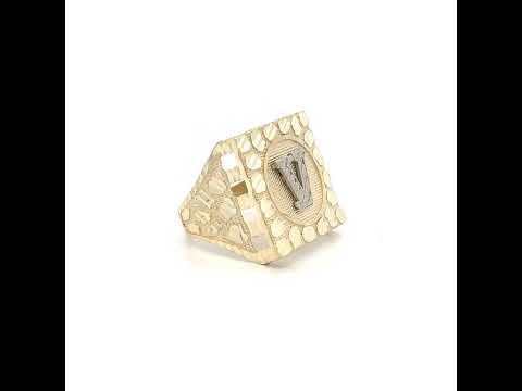 10K Two-Tone Gold Unisex Initial Alphabet V Nugget Ring