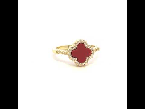 925 Sterling Silver Yellow-Tone Womens Cubic-Zirconia Red Enameled Clover Good Luck Ring Size 8