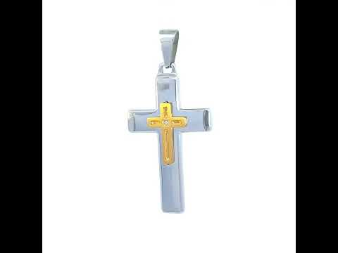 Stainless Steel Yellow-tone Mens Cubic-Zirconia Cross Religious Charm Pendant