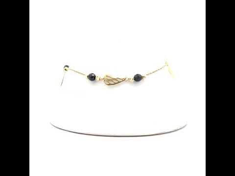 10K Yellow Gold Womens Cubic-Zirconia Diamond-cut Black Beaded Feather Charms Chain Anklet Size 9 + 1 Inches