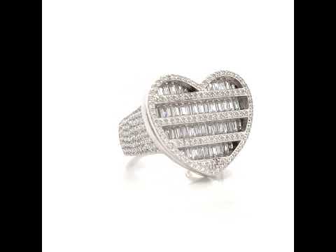 925 Sterling Silver Womens Round Baguette Cubic-Zirconia Cluster Heart Ring Size 10