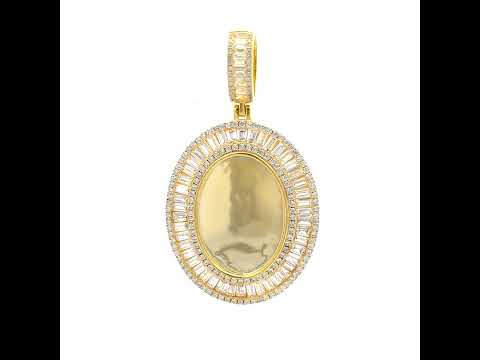 925 Sterling Silver Yellow-tone Unisex Round Baguette Cubic-Zirconia Oval Photo Frame Charm Pendant
