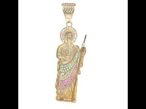10K Yellow Gold Mens Green/Purple White Cubic-Zirconia St. Jude Religious Charm Pendant