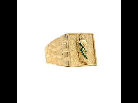 10K Yellow Gold Mens Green Cubic-Zirconia St. Jude Religious Square Head Nugget Ring