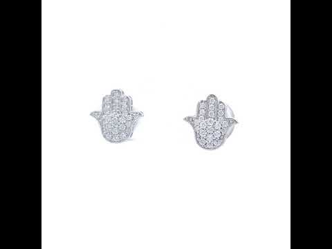 925 Sterling Silver Women Cubic-Zirconia Hamsa Symbol Religious Stud Earrings